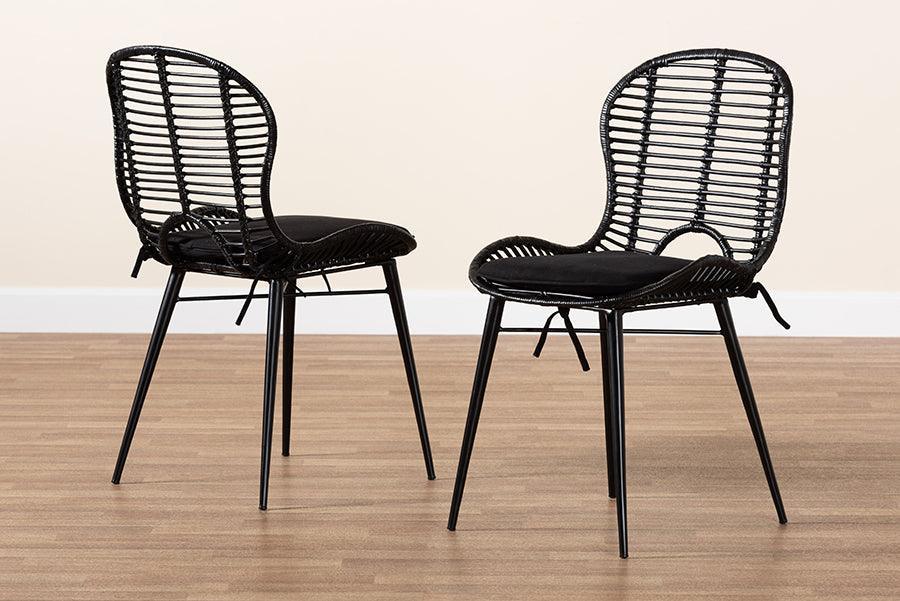 Brenna Modern Bohemian Black Finished Rattan and Metal Dining Chair FredCo