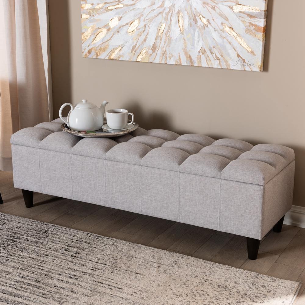 Brette Mid-Century Modern Grayish Beige Fabric Upholstered Dark Brown Finished Wood Storage Bench Ottoman FredCo