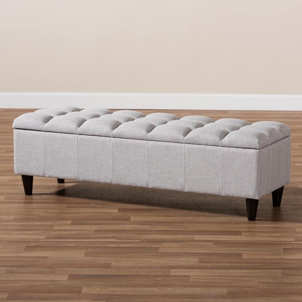 Brette Mid-Century Modern Grayish Beige Fabric Upholstered Dark Brown Finished Wood Storage Bench Ottoman FredCo