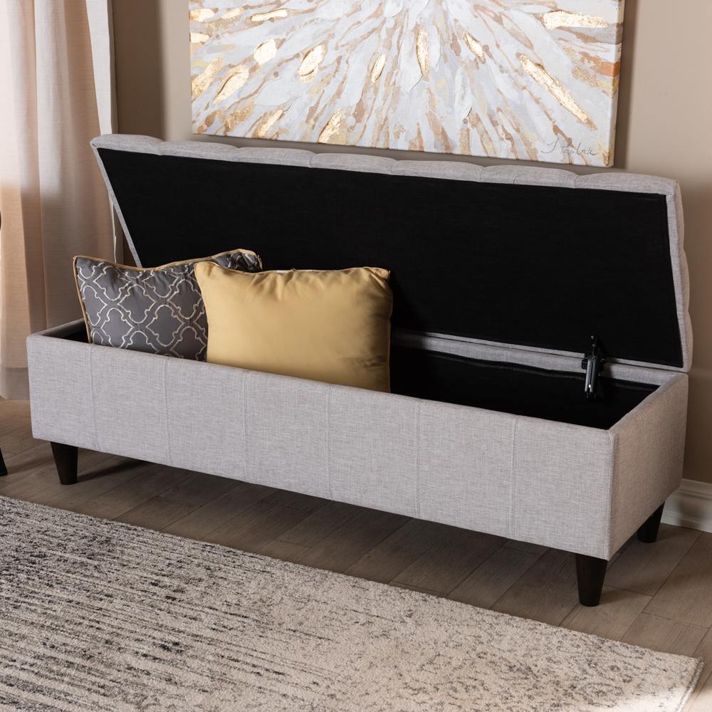 Brette Mid-Century Modern Grayish Beige Fabric Upholstered Dark Brown Finished Wood Storage Bench Ottoman FredCo