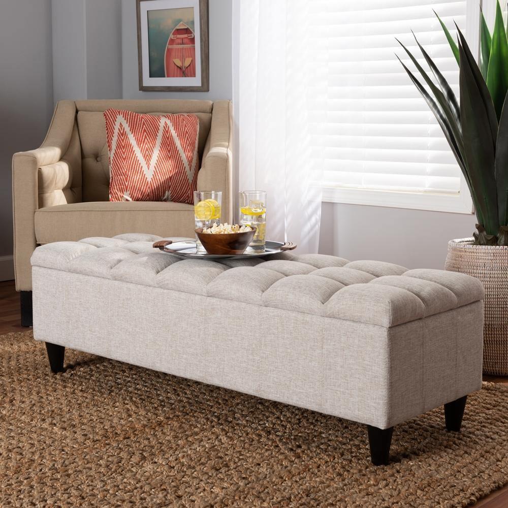 Brette Mid-Century Modern Light Blue Fabric Upholstered Dark Brown Finished Wood Storage Bench Ottoman FredCo