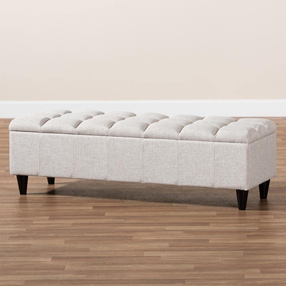 Brette Mid-Century Modern Light Blue Fabric Upholstered Dark Brown Finished Wood Storage Bench Ottoman FredCo