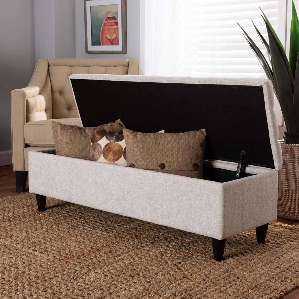 Brette Mid-Century Modern Light Blue Fabric Upholstered Dark Brown Finished Wood Storage Bench Ottoman FredCo