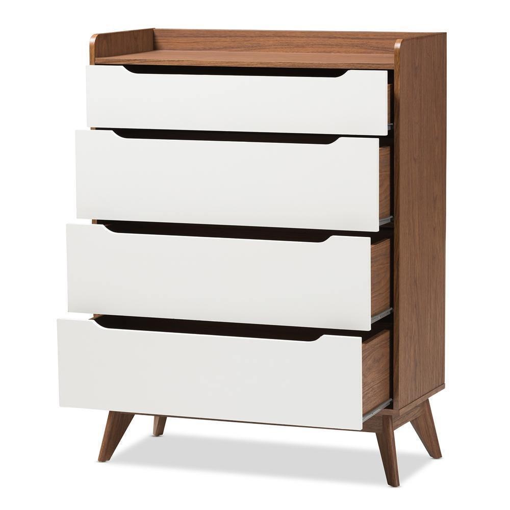 Brighton Mid-Century Modern White and Walnut Wood 4-Drawer Storage Chest FredCo