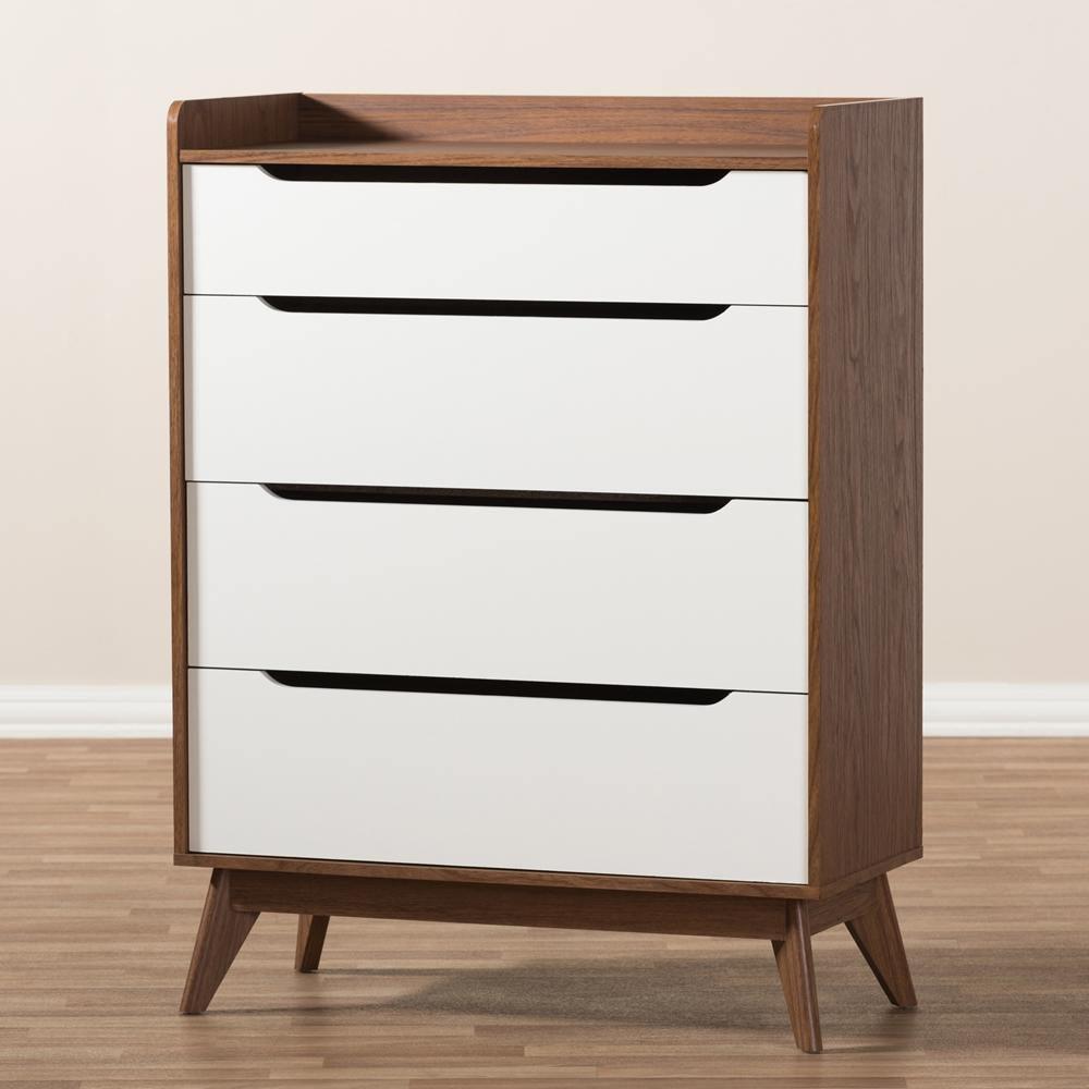 Brighton Mid-Century Modern White and Walnut Wood 4-Drawer Storage Chest FredCo