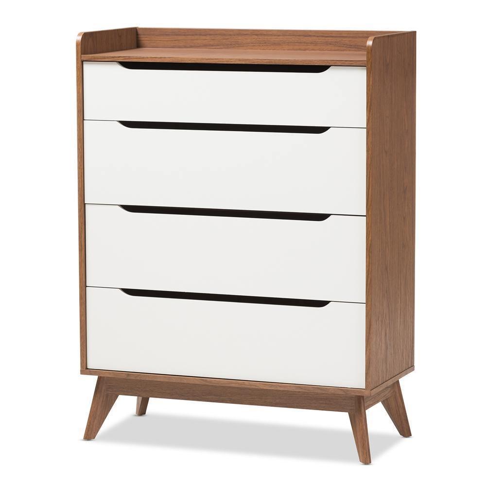 Brighton Mid-Century Modern White and Walnut Wood 4-Drawer Storage Chest FredCo