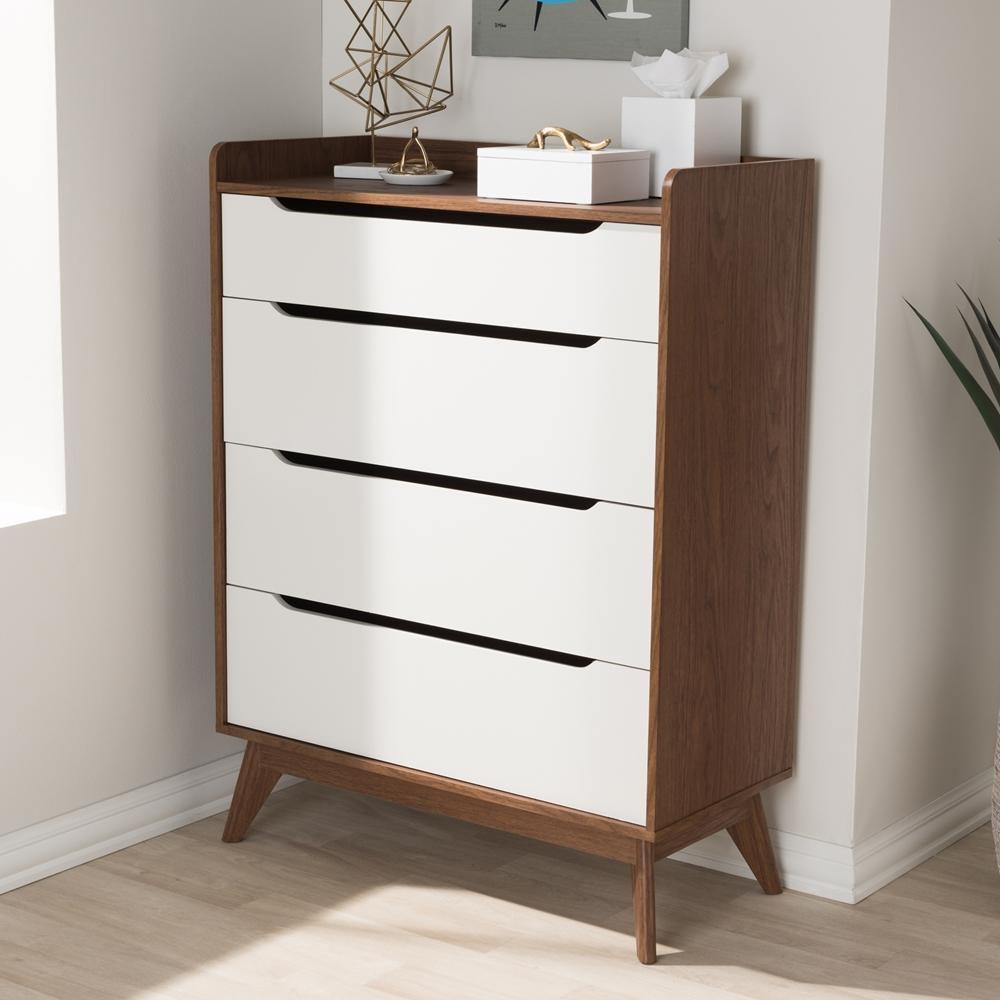 Brighton Mid-Century Modern White and Walnut Wood 4-Drawer Storage Chest FredCo