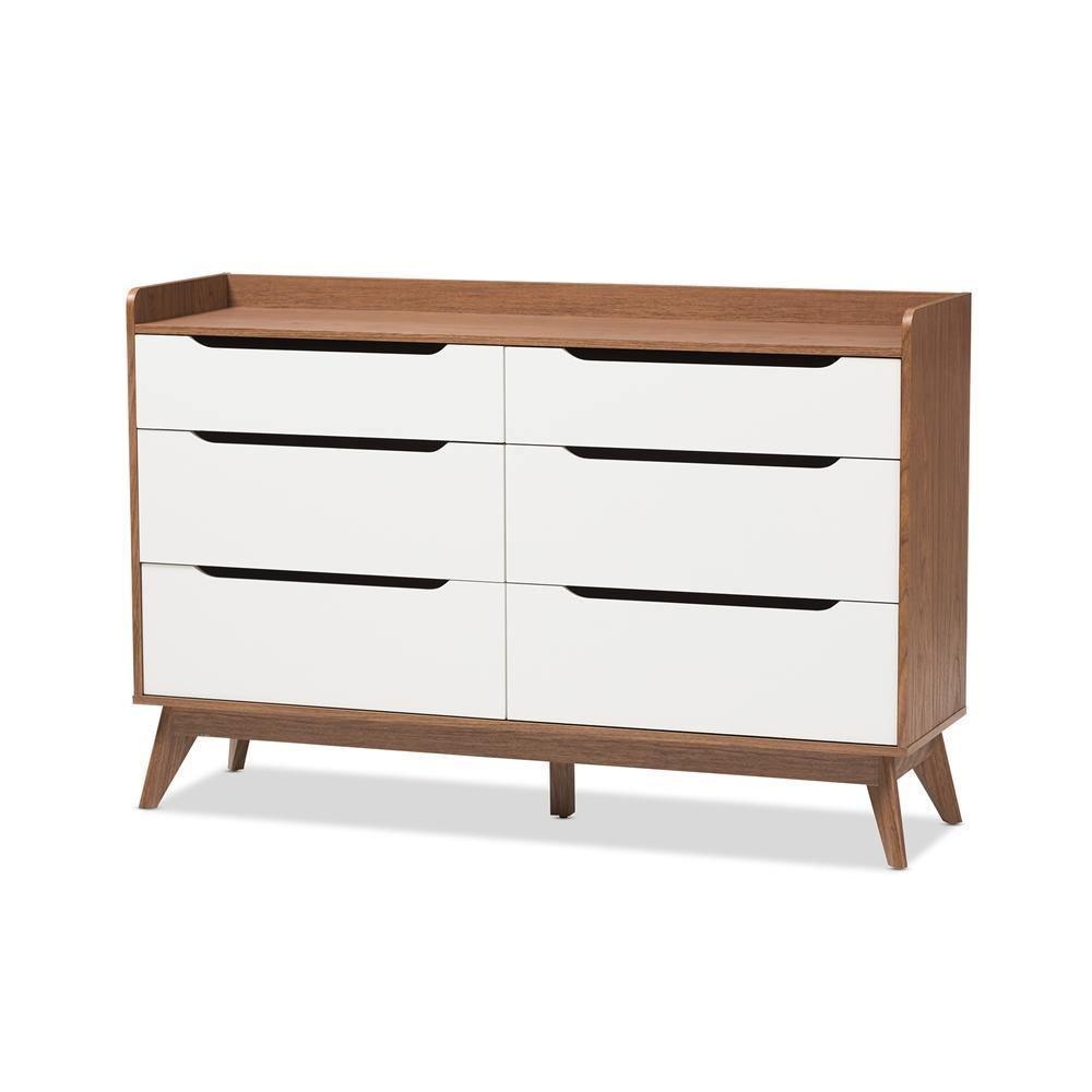 Brighton Mid-Century Modern White and Walnut Wood 6-Drawer Storage Dresser FredCo