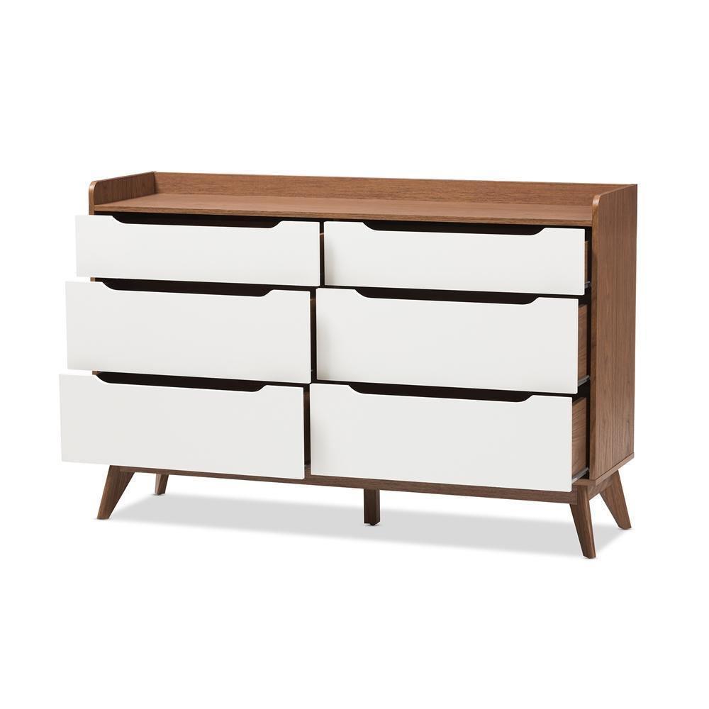 Brighton Mid-Century Modern White and Walnut Wood 6-Drawer Storage Dresser FredCo