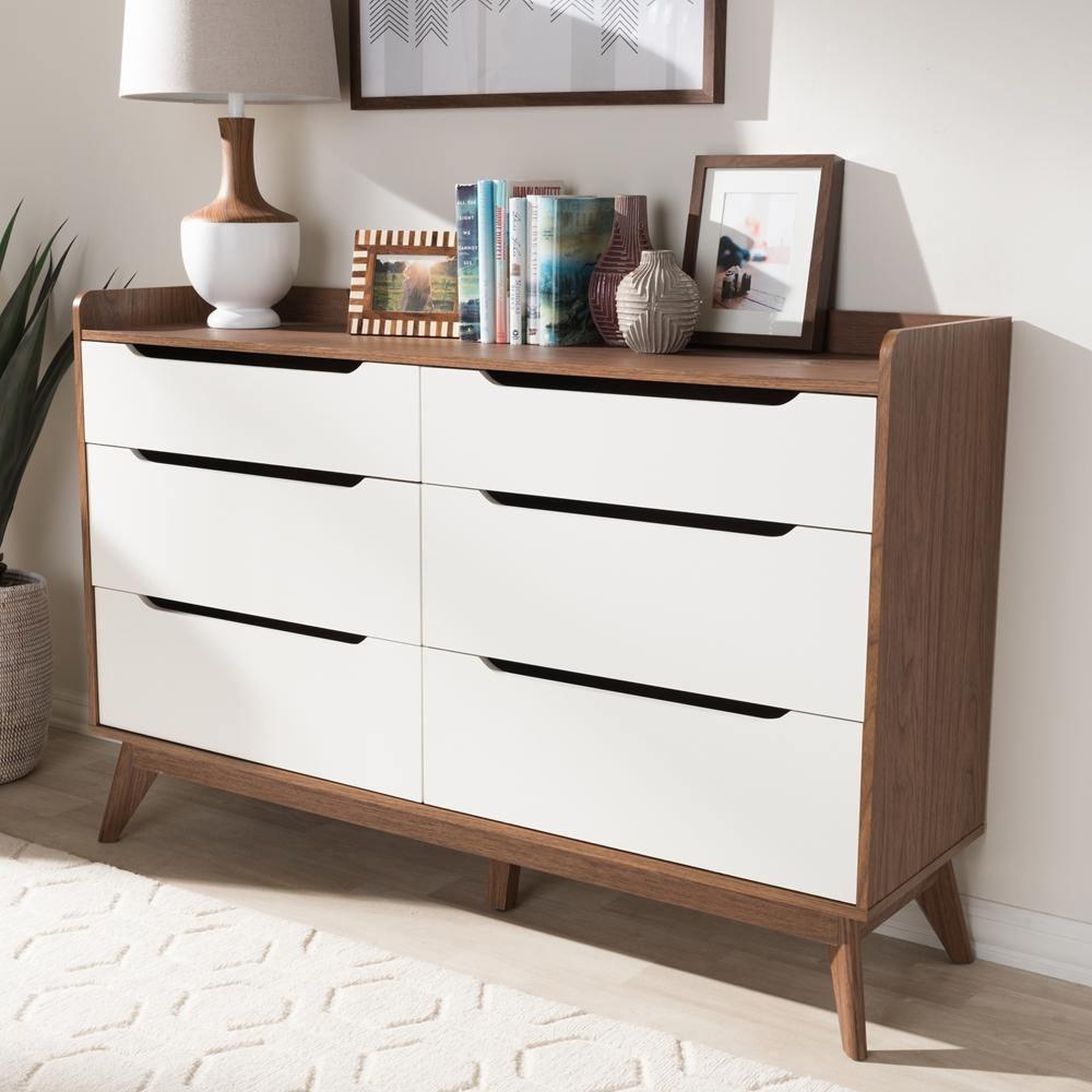 Brighton Mid-Century Modern White and Walnut Wood 6-Drawer Storage Dresser FredCo