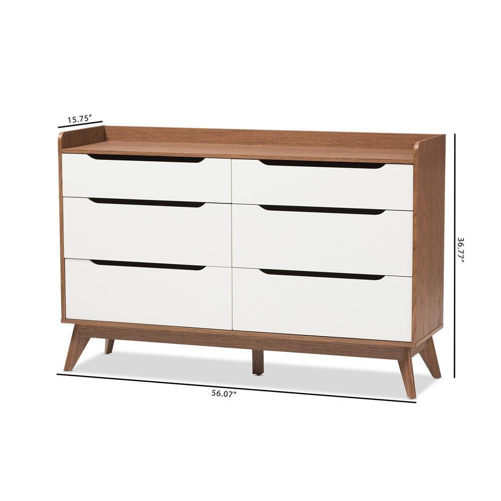 Brighton Mid-Century Modern White and Walnut Wood 6-Drawer Storage Dresser FredCo