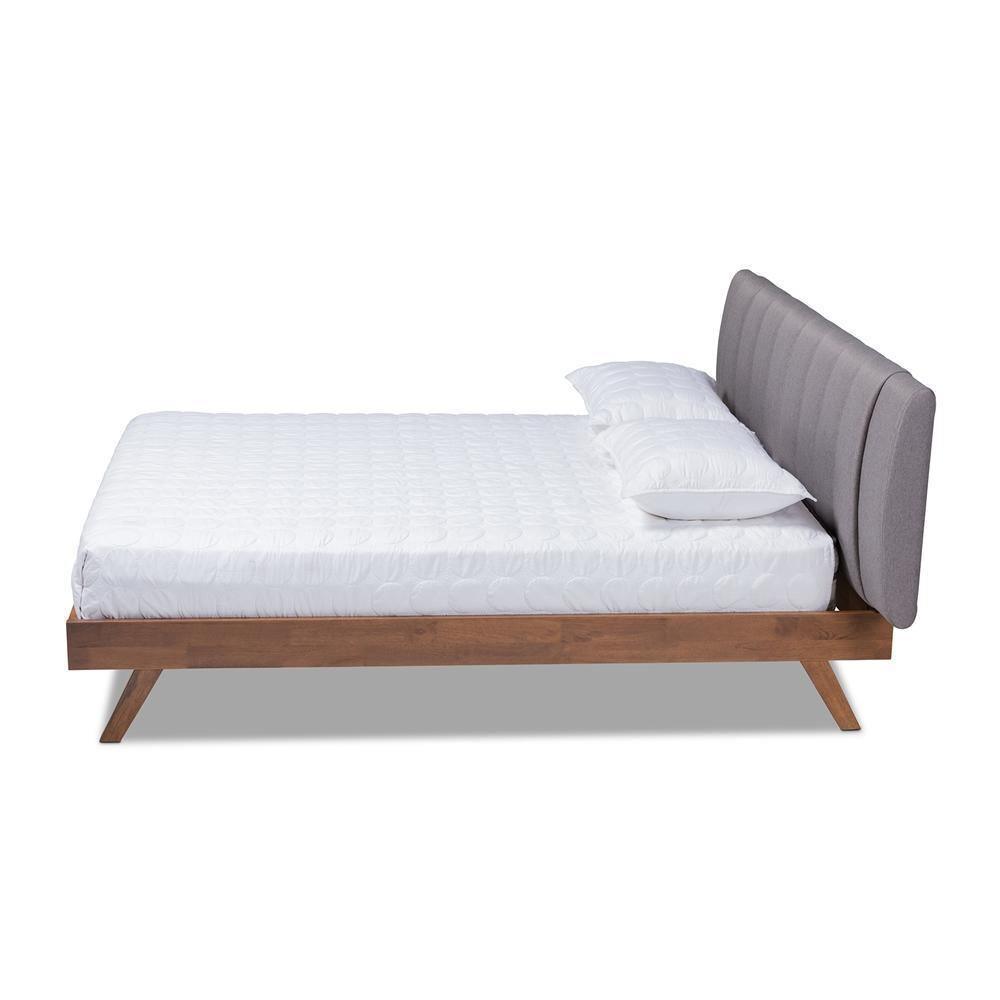 Brita Mid-Century Modern Grey Fabric Upholstered Walnut Finished Wood King Size Bed FredCo