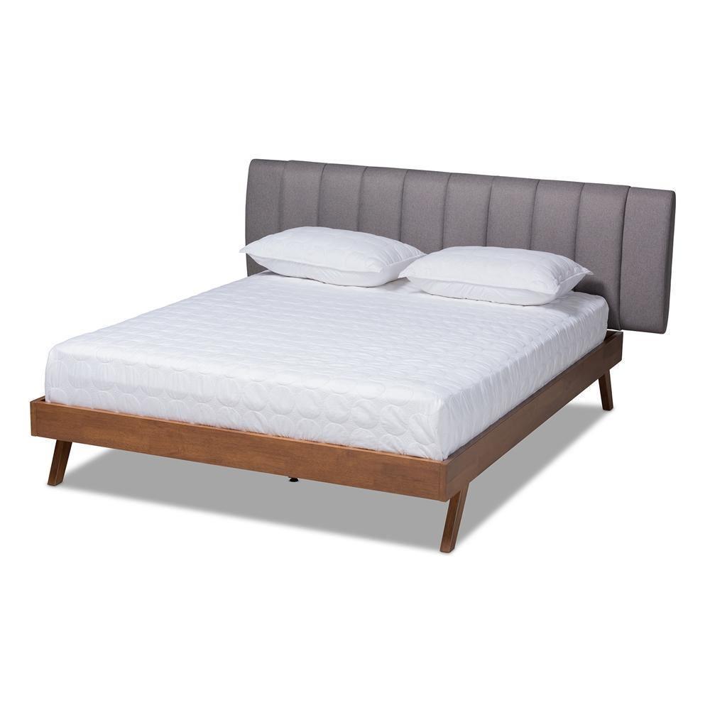 Brita Mid-Century Modern Grey Fabric Upholstered Walnut Finished Wood King Size Bed FredCo