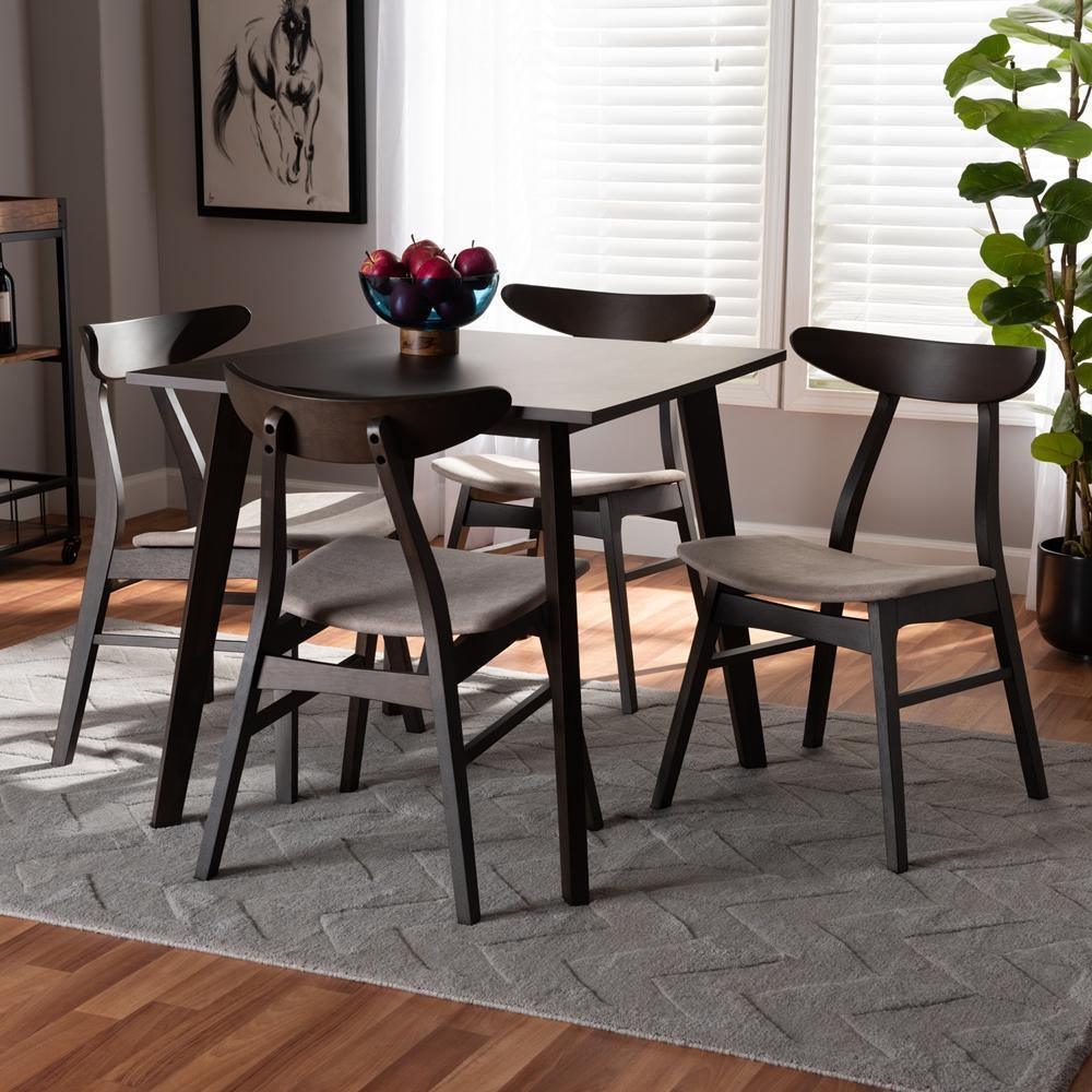 Britte Mid-Century Modern Beige Fabric Upholstered Dark Oak Brown Finished 5-Piece Wood Dining Set FredCo