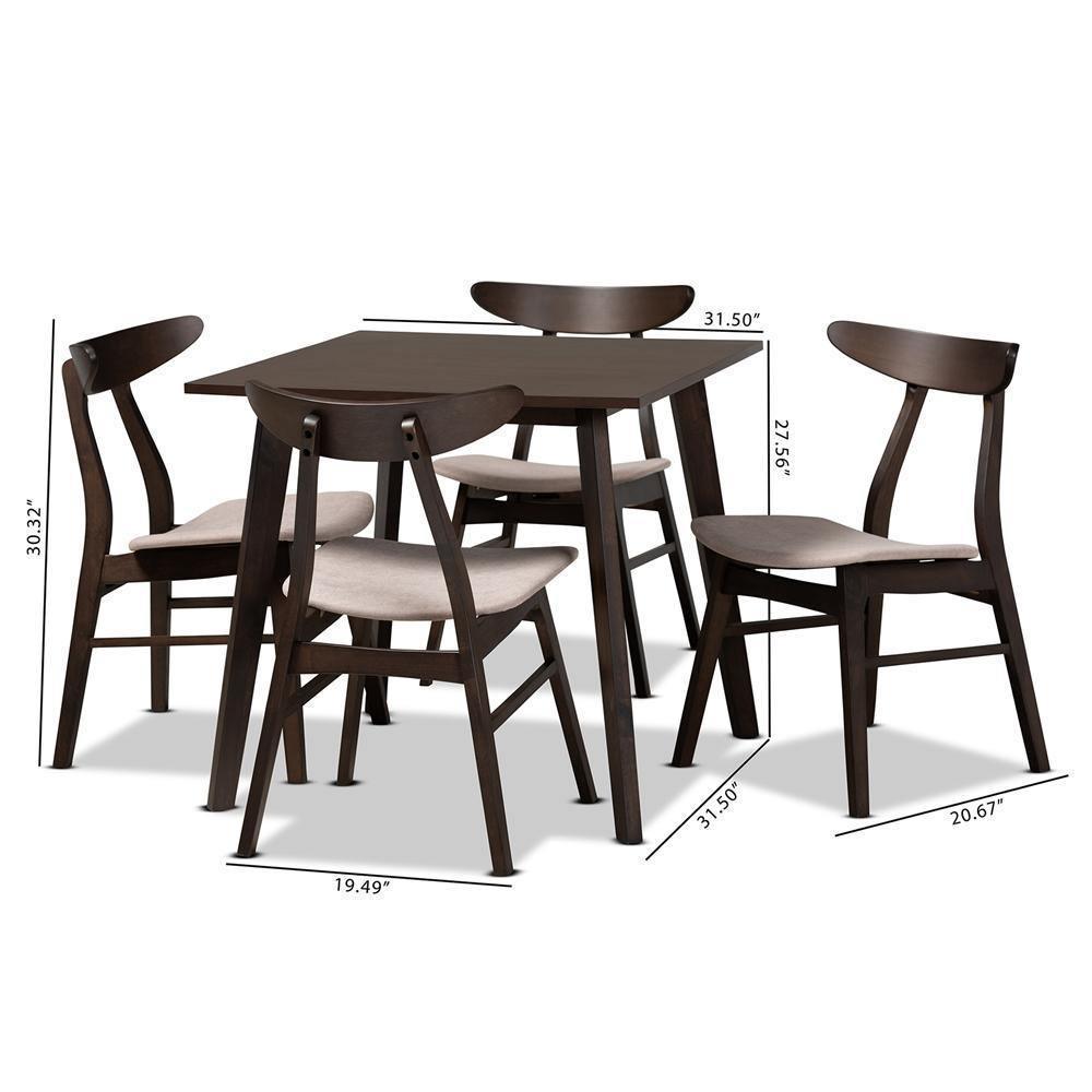 Britte Mid-Century Modern Beige Fabric Upholstered Dark Oak Brown Finished 5-Piece Wood Dining Set FredCo