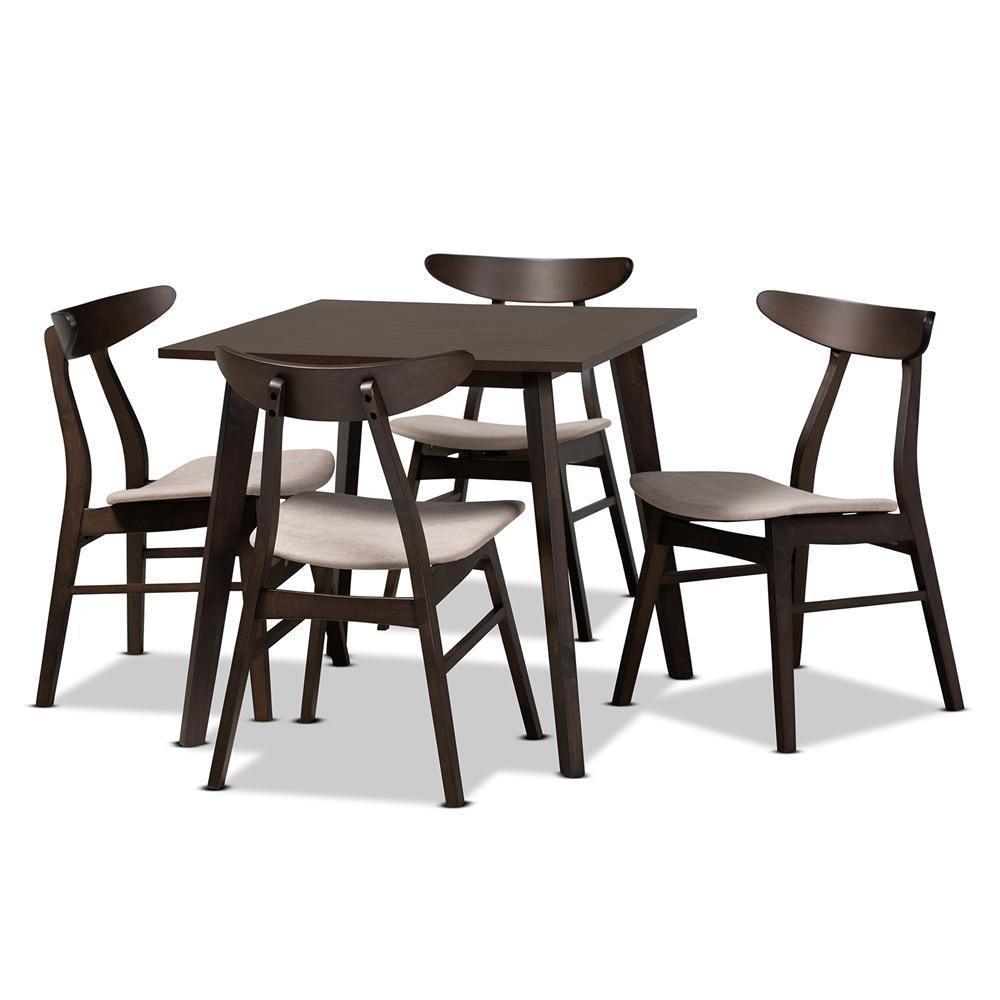 Britte Mid-Century Modern Beige Fabric Upholstered Dark Oak Brown Finished 5-Piece Wood Dining Set FredCo