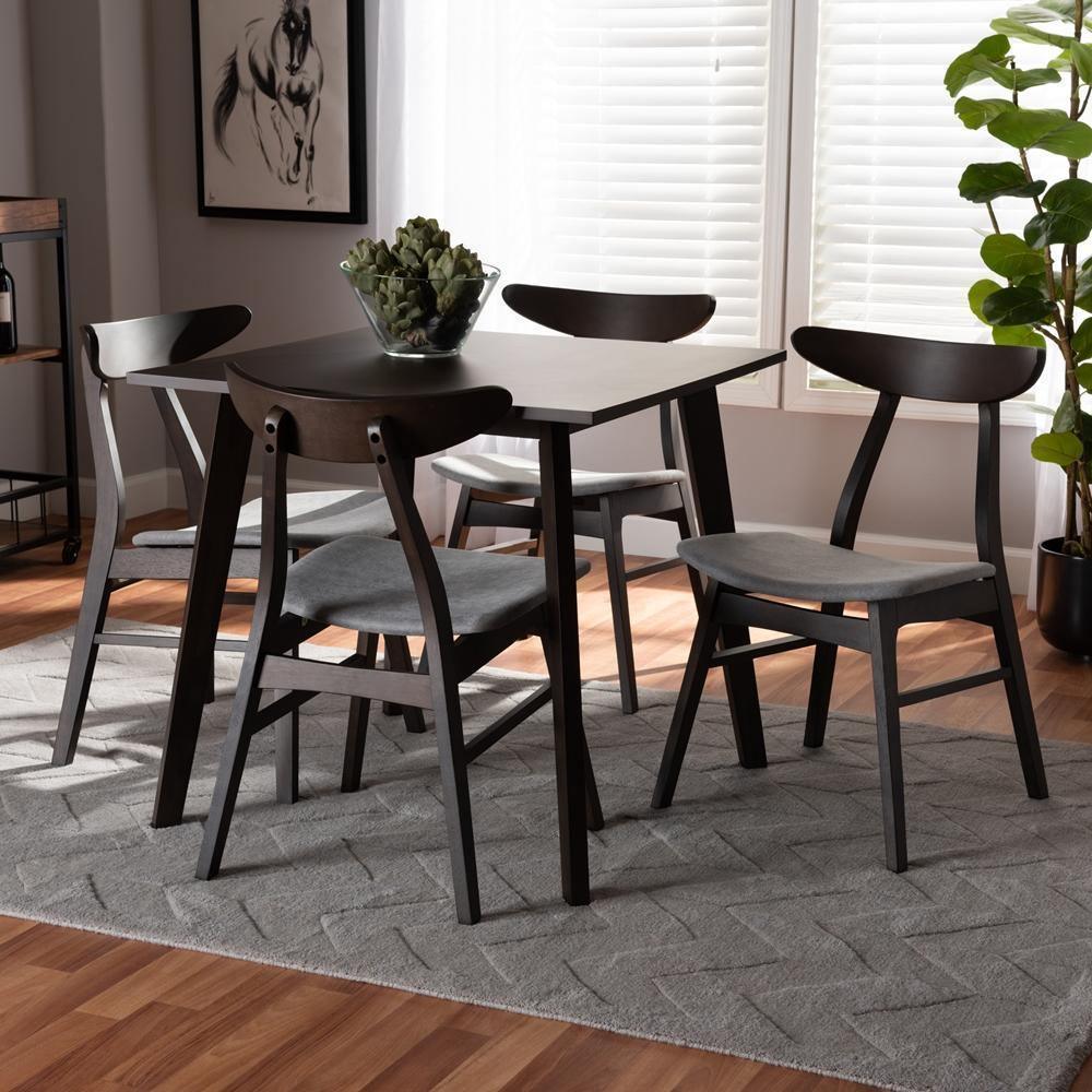 Britte Mid-Century Modern Light Grey Fabric Upholstered Dark Oak Brown Finished 5-Piece Wood Dining Set FredCo