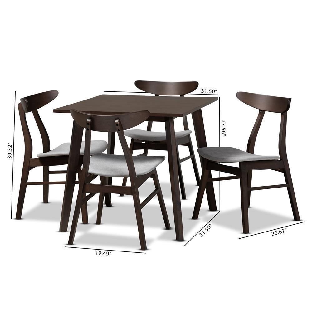 Britte Mid-Century Modern Light Grey Fabric Upholstered Dark Oak Brown Finished 5-Piece Wood Dining Set FredCo