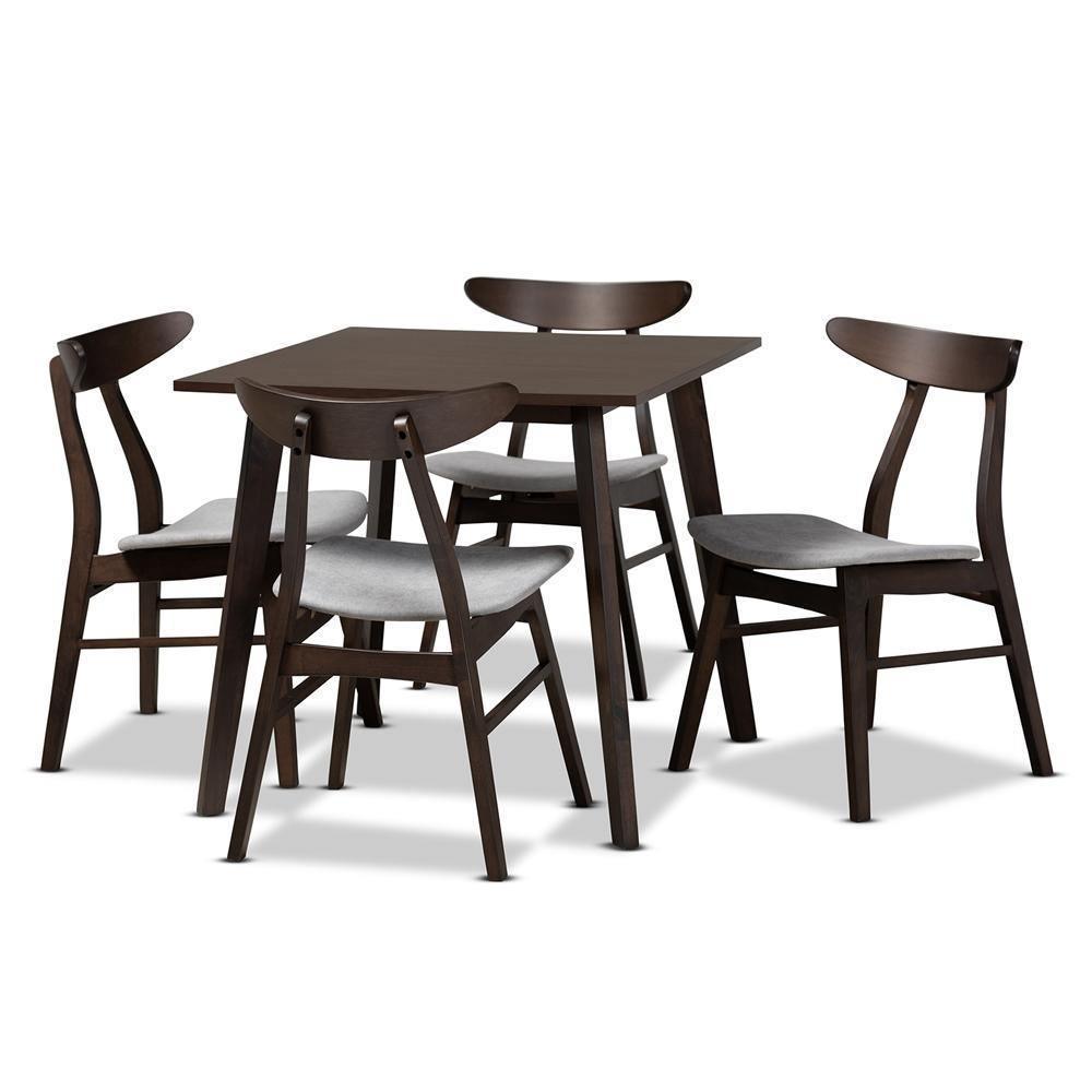 Britte Mid-Century Modern Light Grey Fabric Upholstered Dark Oak Brown Finished 5-Piece Wood Dining Set FredCo