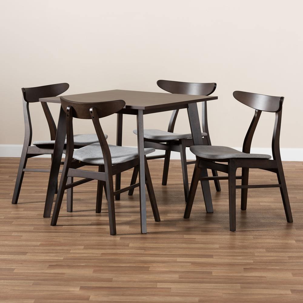 Britte Mid-Century Modern Light Grey Fabric Upholstered Dark Oak Brown Finished 5-Piece Wood Dining Set FredCo