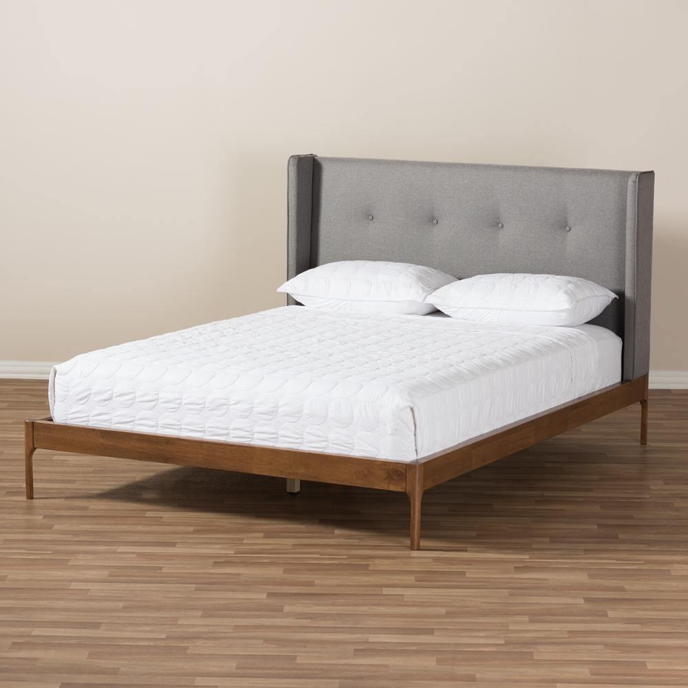 Brooklyn Mid-Century Modern Walnut Wood Grey Fabric King Size Platform Bed FredCo