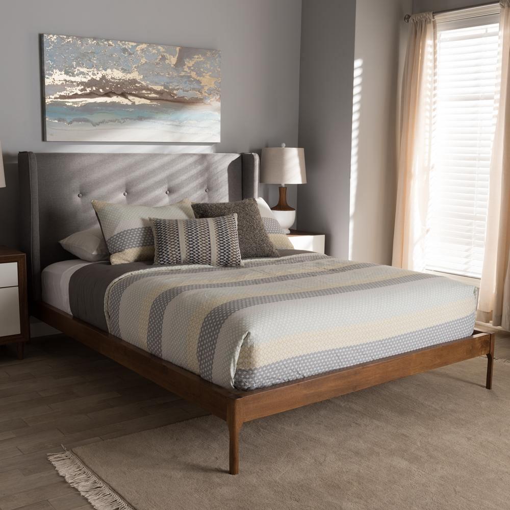 Brooklyn Mid-Century Modern Walnut Wood Grey Fabric King Size Platform Bed FredCo