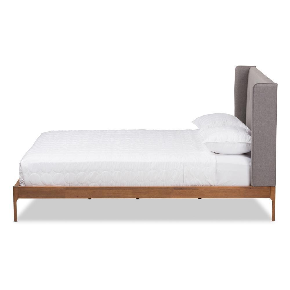 Brooklyn Mid-Century Modern Walnut Wood Grey Fabric King Size Platform Bed FredCo