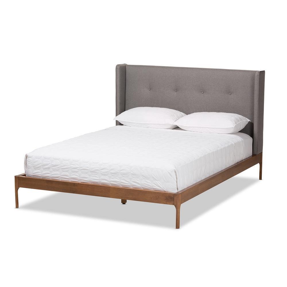 Brooklyn Mid-Century Modern Walnut Wood Grey Fabric King Size Platform Bed FredCo