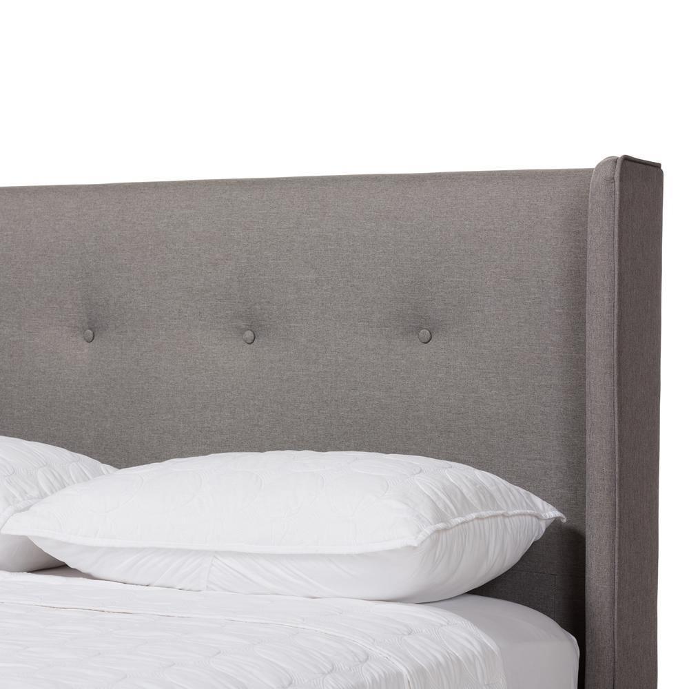 Brooklyn Mid-Century Modern Walnut Wood Grey Fabric King Size Platform Bed FredCo