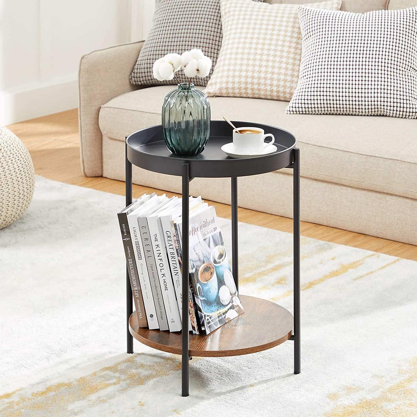 Brown & Black Side Table with Movable Tray FredCo