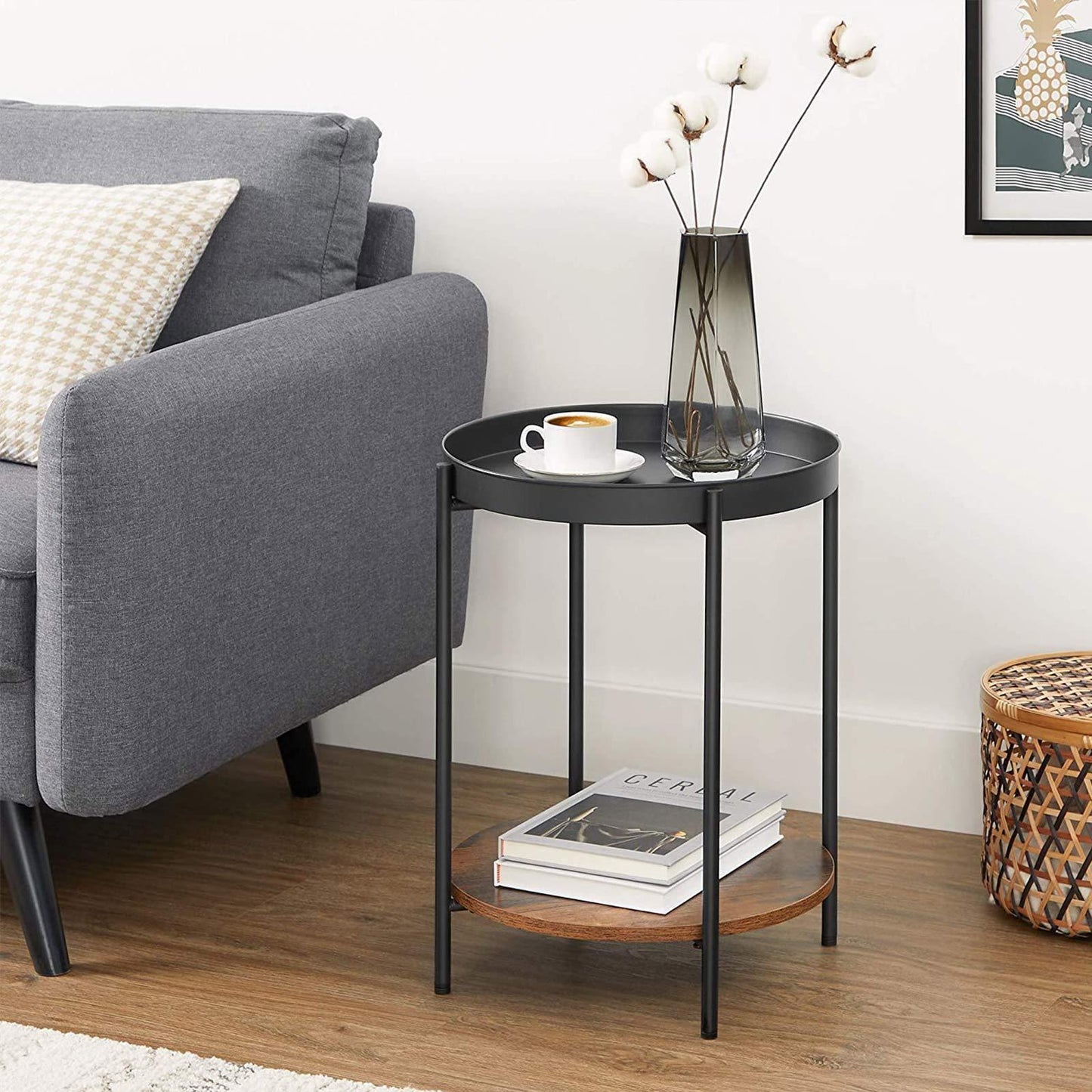 Brown & Black Side Table with Movable Tray FredCo