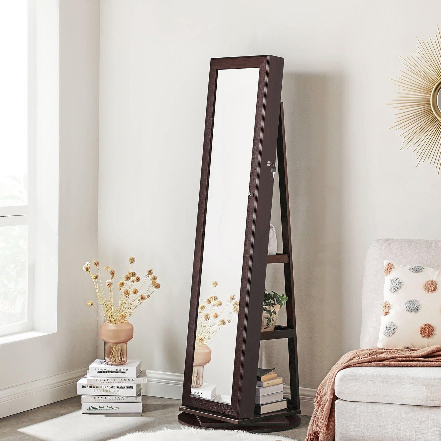 Brown Swivel Jewelry Armoire with Mirror FredCo