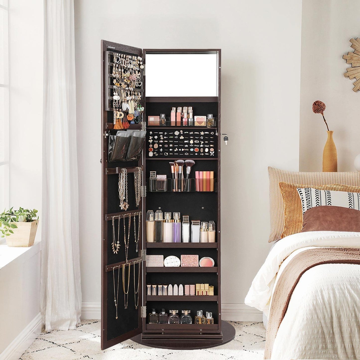 Brown Swivel Jewelry Armoire with Mirror FredCo