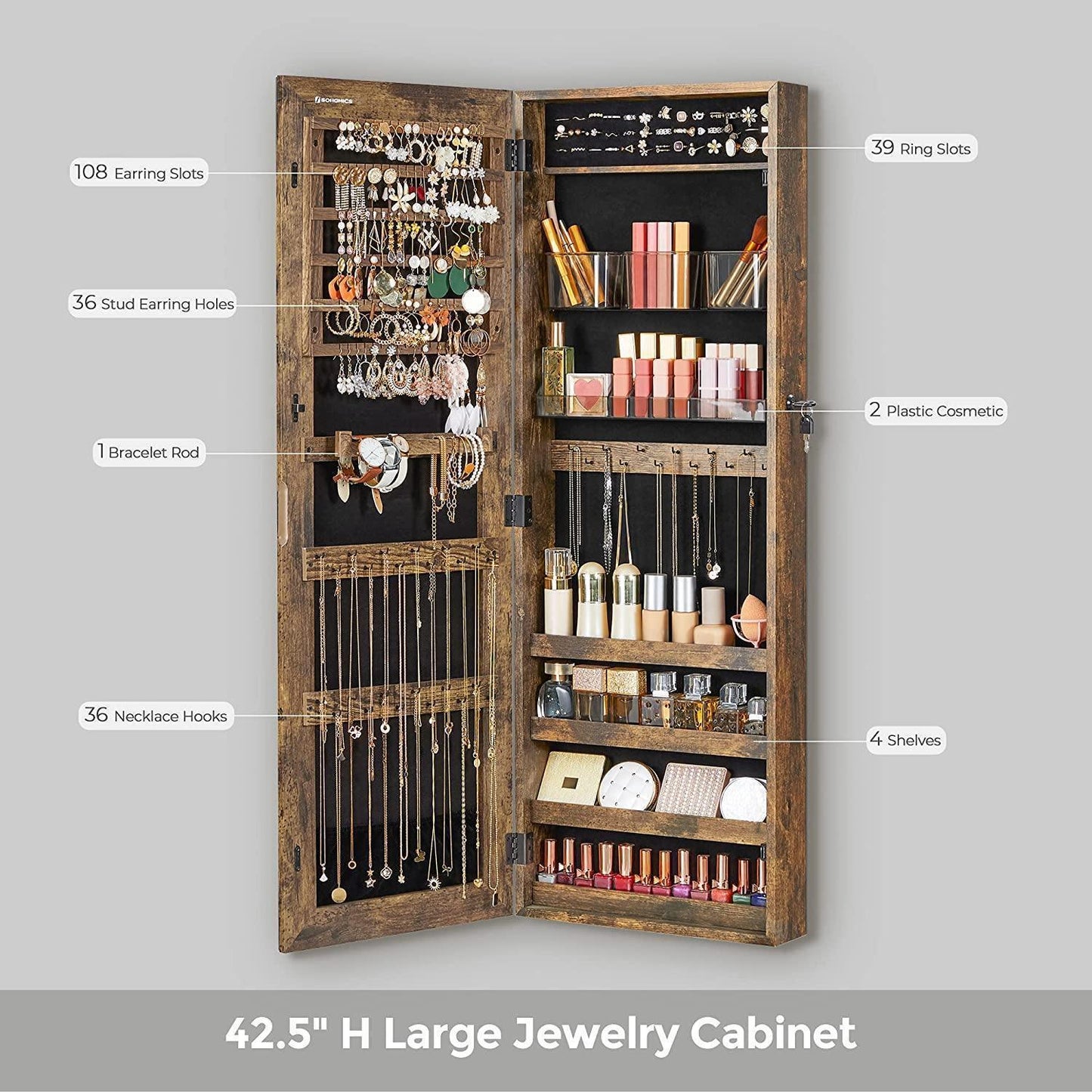 Brown Wall-Mounted Jewelry Box with Mirror FredCo