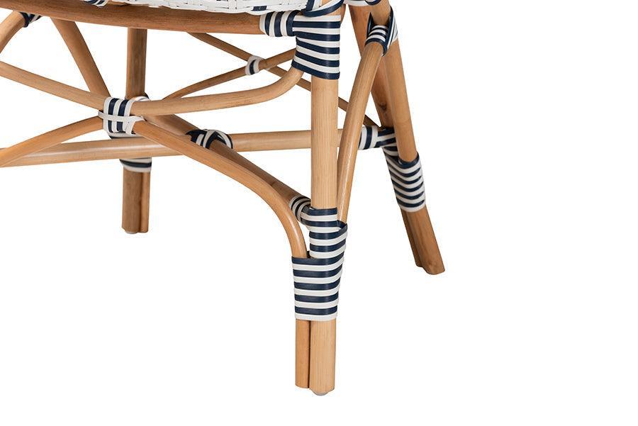 Bryson Modern French Blue and White Weaving and Natural Rattan Bistro Chair FredCo