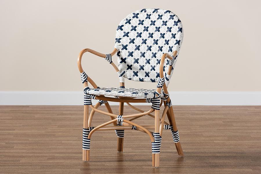 Bryson Modern French Blue and White Weaving and Natural Rattan Bistro Chair FredCo