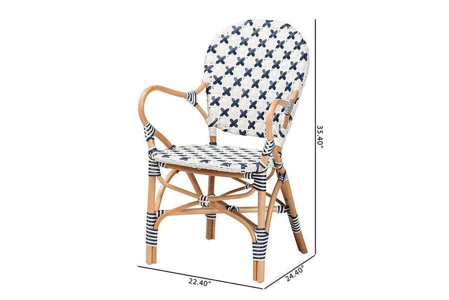 Bryson Modern French Blue and White Weaving and Natural Rattan Bistro Chair FredCo