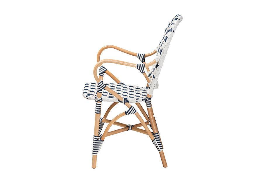 Bryson Modern French Blue and White Weaving and Natural Rattan Bistro Chair FredCo