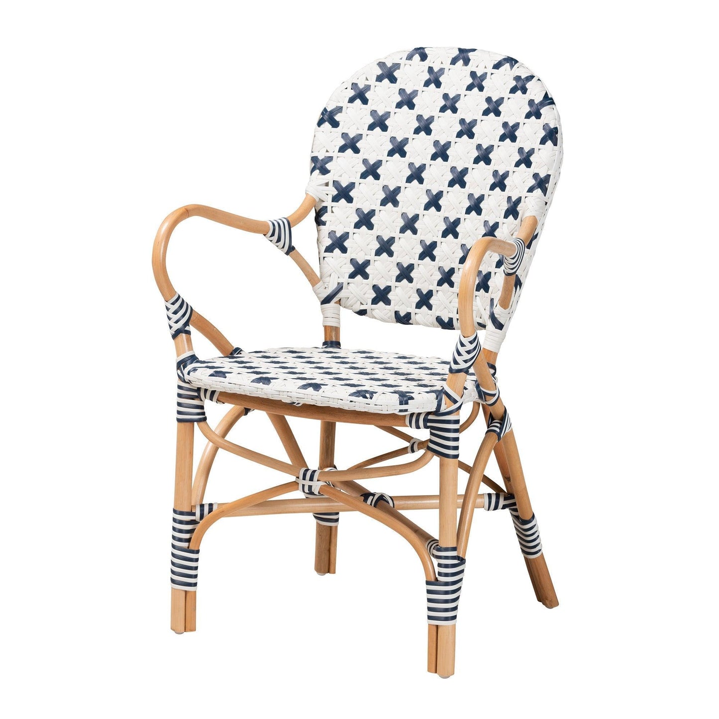 Bryson Modern French Blue and White Weaving and Natural Rattan Bistro Chair FredCo