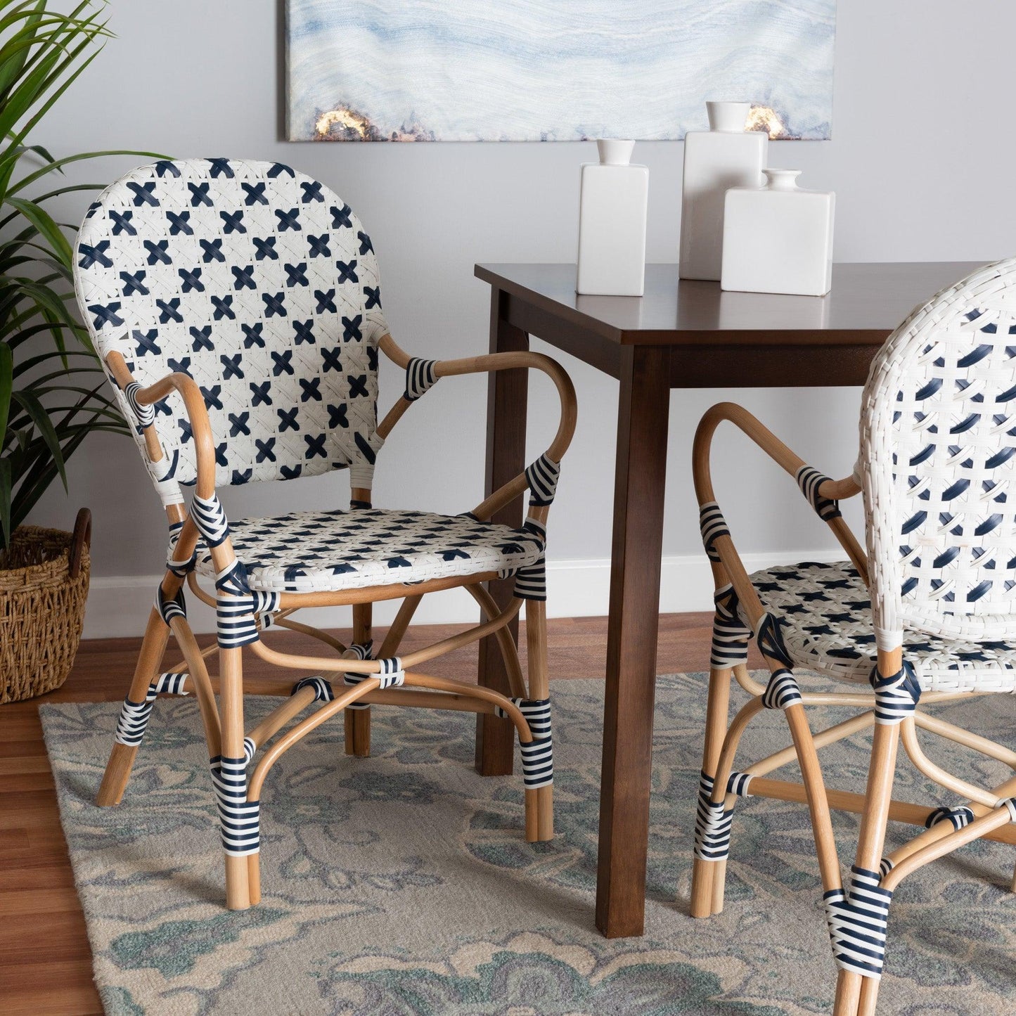Bryson Modern French Blue and White Weaving and Natural Rattan Bistro Chair FredCo