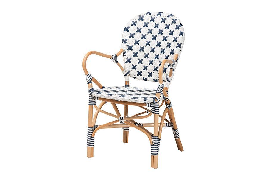Bryson Modern French Blue and White Weaving and Natural Rattan Bistro Chair FredCo