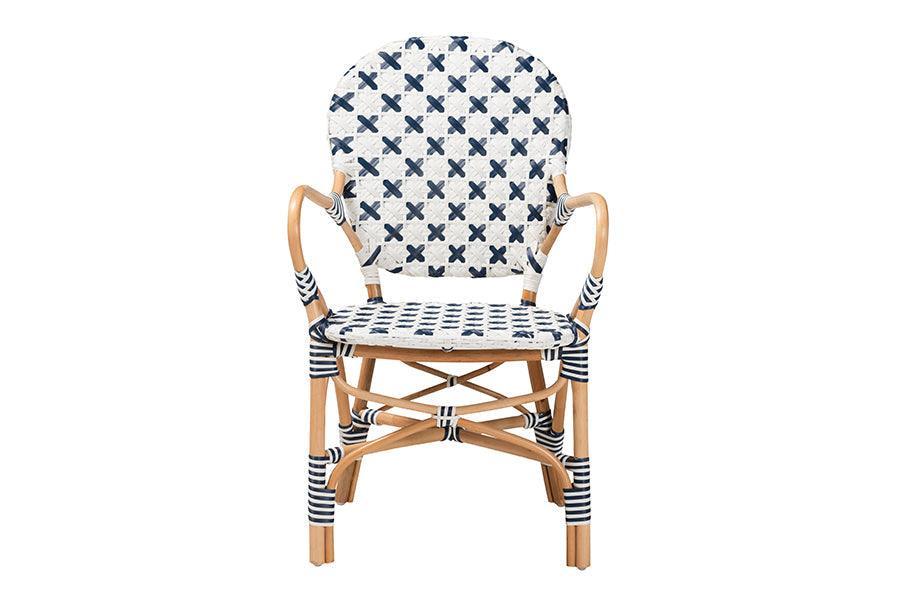 Bryson Modern French Blue and White Weaving and Natural Rattan Bistro Chair FredCo