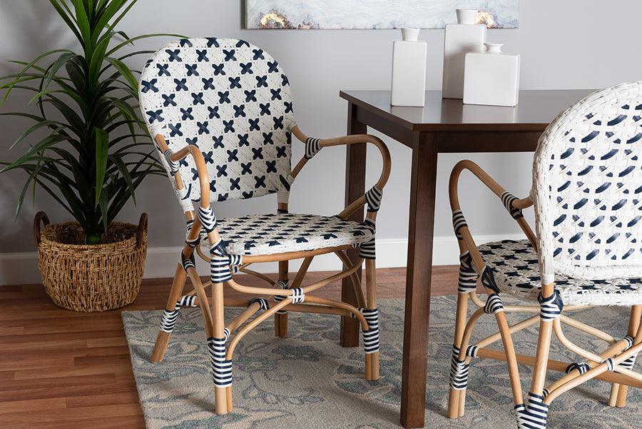 Bryson Modern French Blue and White Weaving and Natural Rattan Bistro Chair FredCo