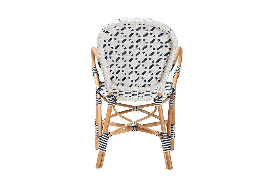 Bryson Modern French Blue and White Weaving and Natural Rattan Bistro Chair FredCo