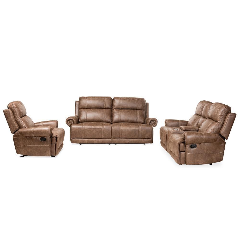Buckley Modern and Contemporary Light Brown Faux Leather Upholstered 3-Piece Reclining Living Room Set FredCo