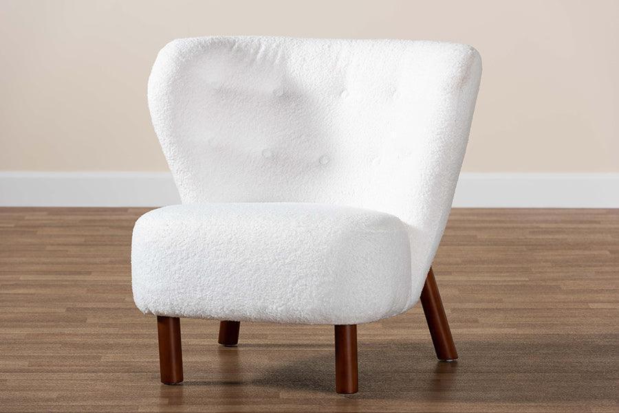 Cabrera Modern and Contemporary White Boucle Upholstered and Walnut Brown Finished Wood Accent Chair FredCo