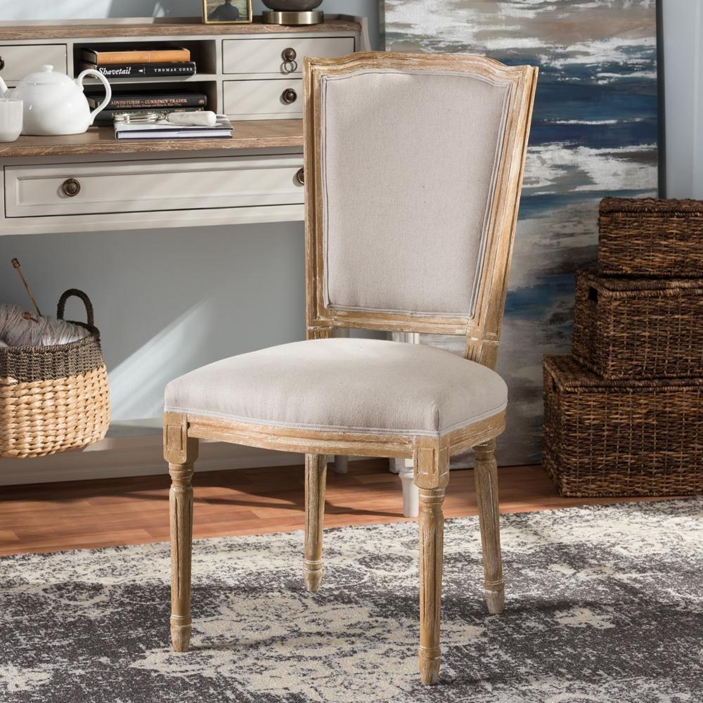 Cadencia French Vintage Cottage Weathered Oak Finish Wood and Beige Fabric Upholstered Dining Side Chair FredCo