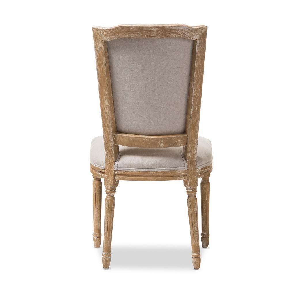 Cadencia French Vintage Cottage Weathered Oak Finish Wood and Beige Fabric Upholstered Dining Side Chair FredCo