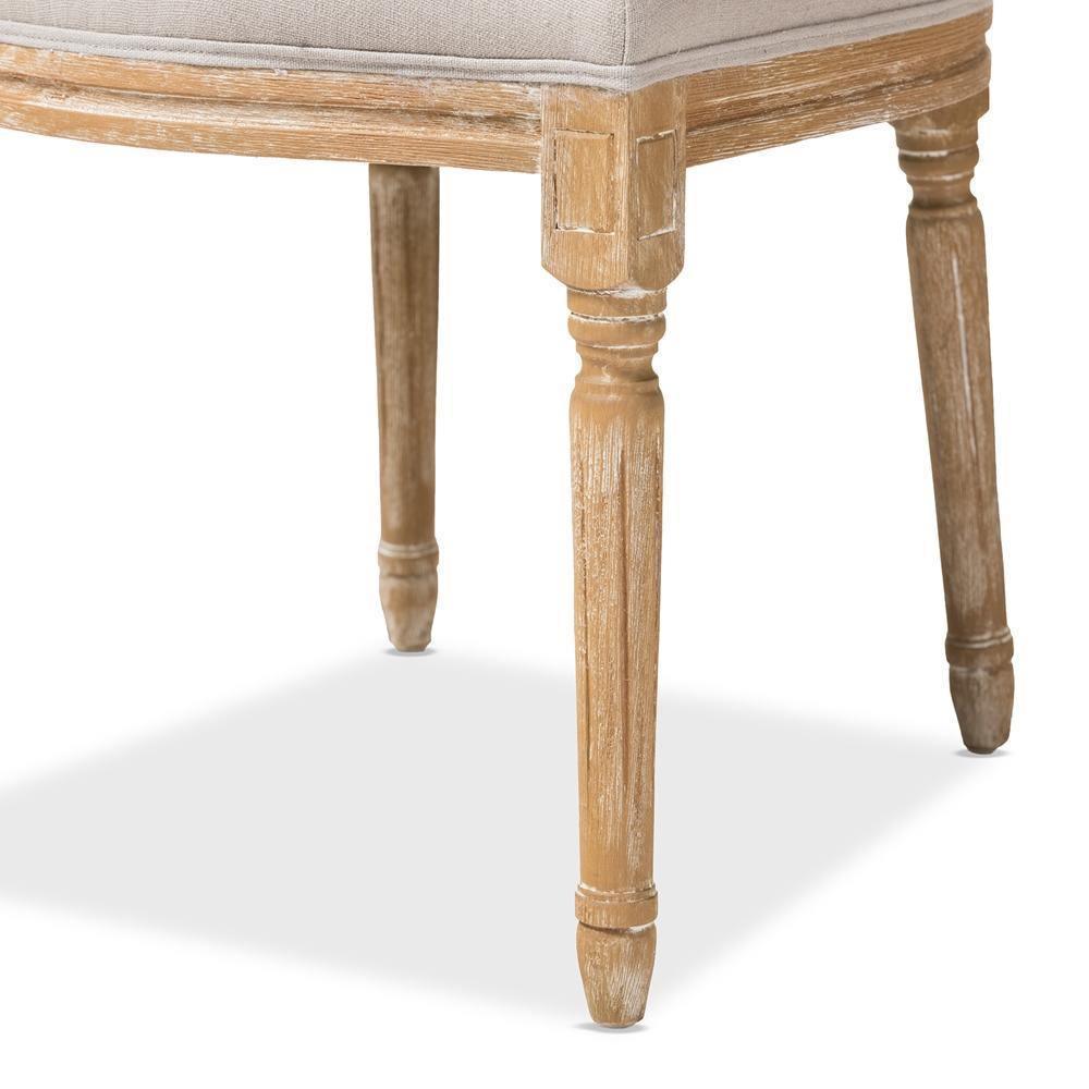 Cadencia French Vintage Cottage Weathered Oak Finish Wood and Beige Fabric Upholstered Dining Side Chair FredCo