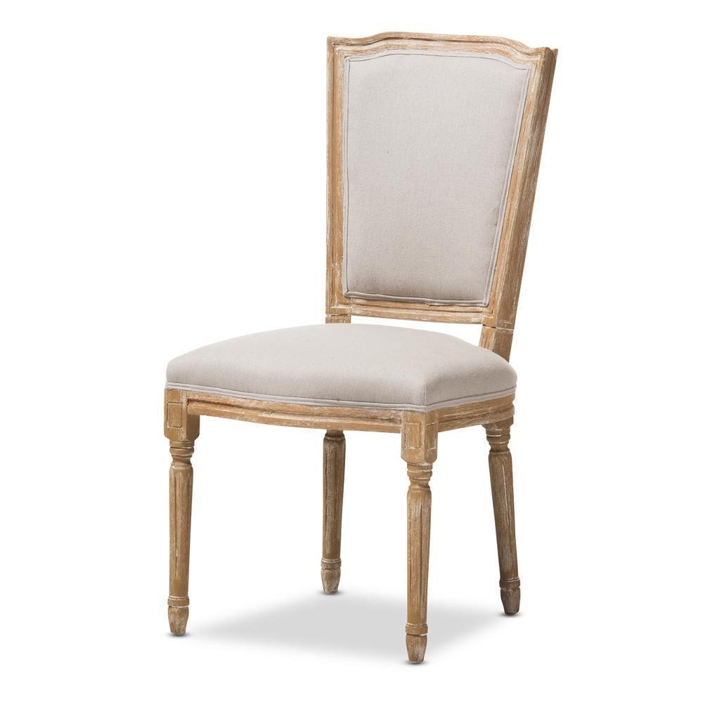 Cadencia French Vintage Cottage Weathered Oak Finish Wood and Beige Fabric Upholstered Dining Side Chair FredCo
